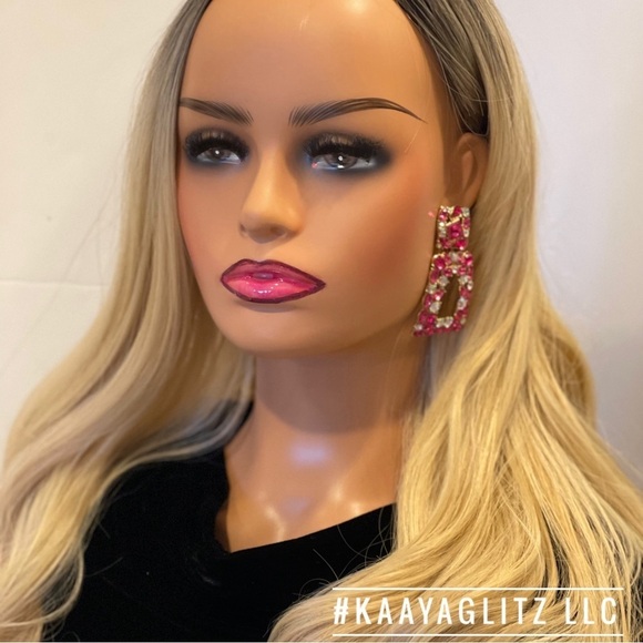 Pink Earrings Geometric Square Crystal Drop Rhinestone Dangle Earrings - Picture 5 of 5